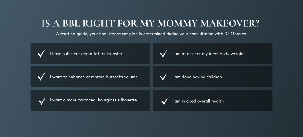 Infographic with six checkmarked criteria for BBL mommy makeover candidacy